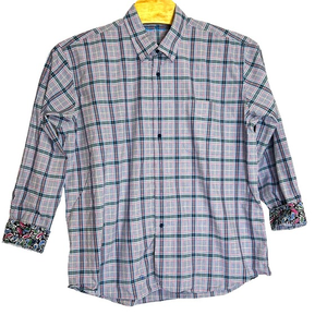 Alan Flusser Green Blue Pink Plaid Shirt with Paisley Cuffs Size XXL 100% Cotton